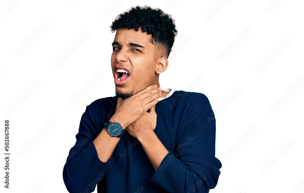 Young african american man wearing casual clothes shouting suffocate because painful strangle. health problem. asphyxiate and suicide concept. Young african american man wearing casual clothes shouting suffocate because painful strangle. health problem. asphyxiate and suicide concept.