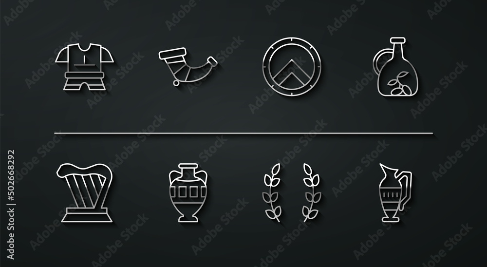 Set line Body armor, Harp, Bottle of olive oil, Laurel wreath, Ancient amphorae, Hunting horn, and Greek shield icon. Vector Set line Body armor, Harp, Bottle of olive oil, Laurel wreath, Ancient amphorae, Hunting horn, and Greek shield icon. Vector