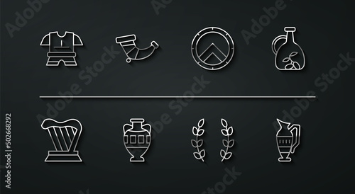 Set line Body armor, Harp, Bottle of olive oil, Laurel wreath, Ancient amphorae, Hunting horn, and Greek shield icon. Vector