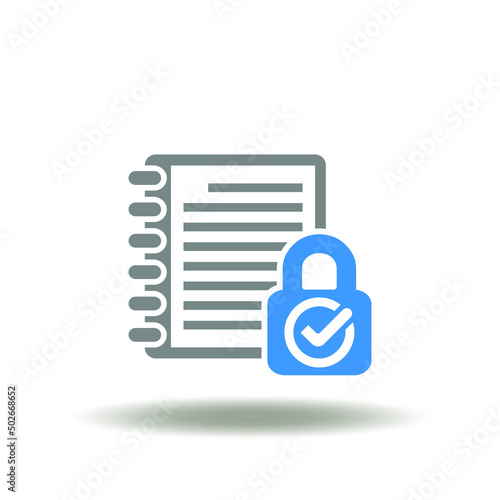 Vector illustration of binder notepad or notebook with lock and check mark. Icon of PCI DSS payment card industry digital security standard. Symbol of compliance security standards.