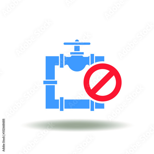 Vector illustration of pipeline with valve and stop sign. Symbol of gas oil embargo. Pictogram of pipe gasoline stop. Icon of sanctions or ban a petroleum piping industry.
