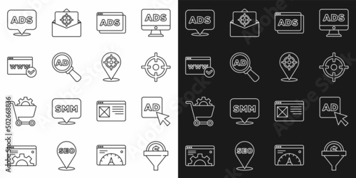 Set line Lead management, Advertising, Target sport, Website template, and icon. Vector