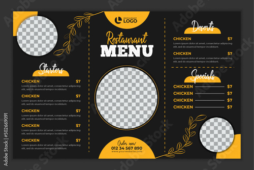 Modern fast food menu design template for restaurant and café on dark chalkboard. food trifold menu brochure