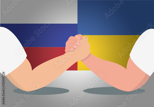 illustration vectorielle représentant un bras de fer entre la Russie et l'Ukraine. Les drapeaux des deux pays sont en arrière plan
