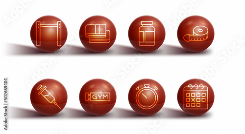 Set line Horizontal bar, Doping syringe, Tape measure, Stopwatch, Location gym, Towel stack, Calendar fitness and Sports nutrition icon. Vector