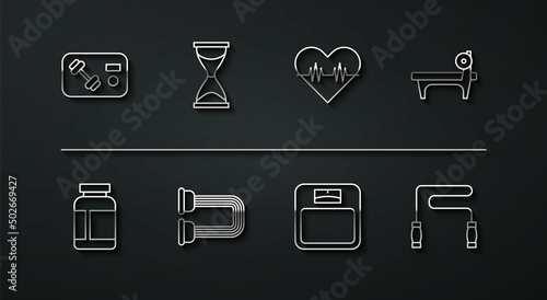 Set line Fitness club, gym card, Sports nutrition, Bench with barbel, Bathroom scales, Chest expander, Old hourglass, Jump rope and Heart rate icon. Vector photo