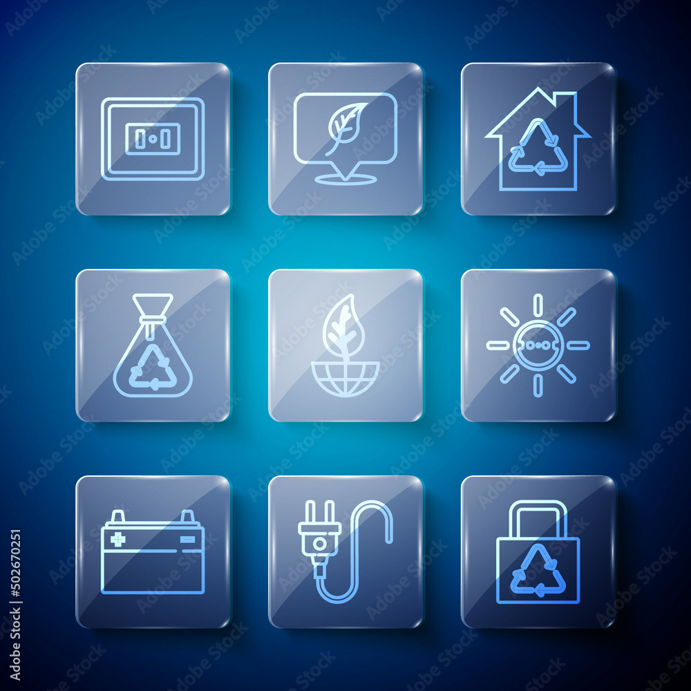 Set line Car battery, Electric plug, Paper bag with recycle, Eco House recycling, Earth globe and leaf, Garbage, Electrical outlet and Solar energy panel icon. Vector Set line Car battery, Electric plug, Paper bag with recycle, Eco House recycling, Earth globe and leaf, Garbage, Electrical outlet and Solar energy panel icon. Vector
