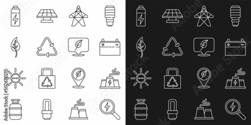 Set line Lightning bolt, Power station plant factory, Car battery, Electric tower, Recycle symbol, Leaf leaves, Battery and Location with leaf icon. Vector