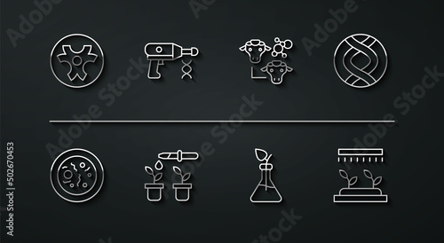 Set line Biohazard symbol, Petri dish with bacteria, DNA, Plant breeding, Pipette and plant, Transfer liquid gun, Automatic irrigation sprinklers and Cloning icon. Vector