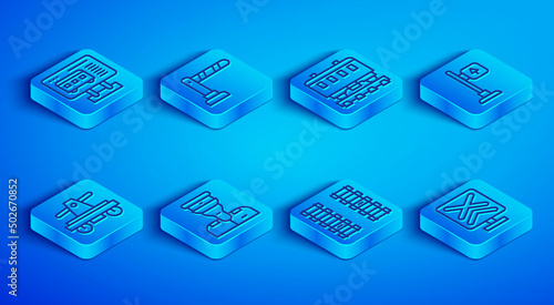 Set line Ticket office to buy tickets, Railway barrier, Passenger train cars, Train conductor, Railway, railroad track, Road traffic signpost, Draisine handcar and Railroad crossing icon. Vector