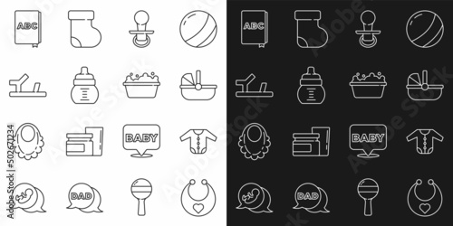 Set line Baby bib, clothes, stroller, dummy pacifier, bottle, shoes, ABC book and bathtub icon. Vector