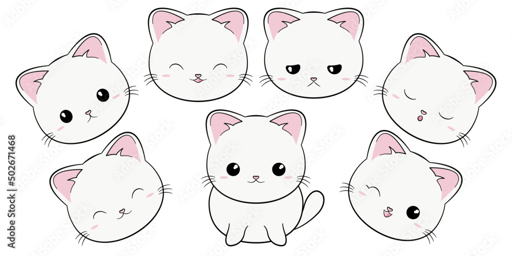 Słodki gruby kotek. Biały siedzący kot z różnymi minami. Kot w stylu kawaii. Ilustracja wektorowa na białym tle. - obrazy, fototapety, plakaty 