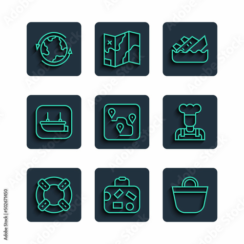 Set line Lifebuoy, Suitcase, Beach bag, Sinking cruise ship, Route location, Lifeboat, Worldwide and Cook icon. Vector