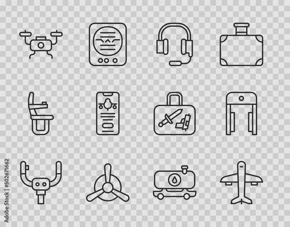 Set line Aircraft steering helm, Plane, Headphones with microphone, propeller, Drone flying, Mobile ticket, Fuel tanker truck and Metal detector airport icon. Vector Set line Aircraft steering helm, Plane, Headphones with microphone, propeller, Drone flying, Mobile ticket, Fuel tanker truck and Metal detector airport icon. Vector