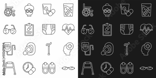 Set line Eyeglasses, Male head with hospital, Heart rate, Medicine pill or tablet, Medical prescription, Wheelchair and Adult diaper icon. Vector