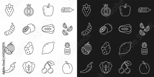 Set line Plum fruit, Pineapple, Tomato, Apple, Orange, Fresh cucumber, Strawberry and Cabbage icon. Vector