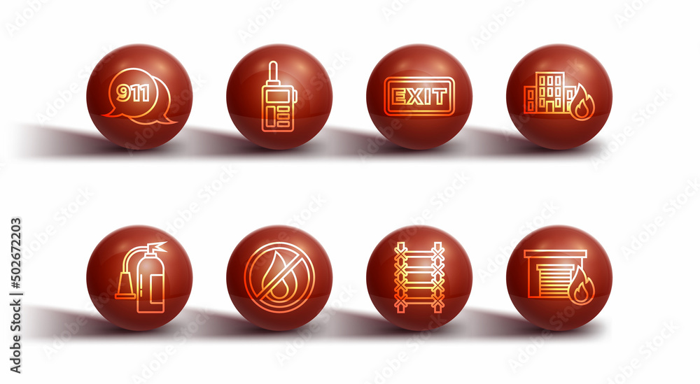 Set line Telephone call 911, Fire extinguisher, burning buildings, escape, No fire, Walkie talkie, garage and exit icon. Vector Set line Telephone call 911, Fire extinguisher, burning buildings, escape, No fire, Walkie talkie, garage and exit icon. Vector