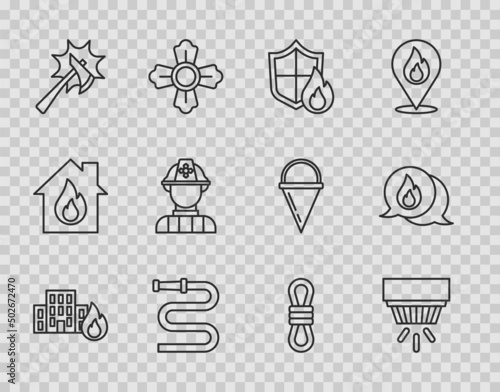 Set line Fire in burning buildings, Smoke alarm system, protection shield, hose reel, Firefighter axe, Climber rope and Telephone call 911 icon. Vector