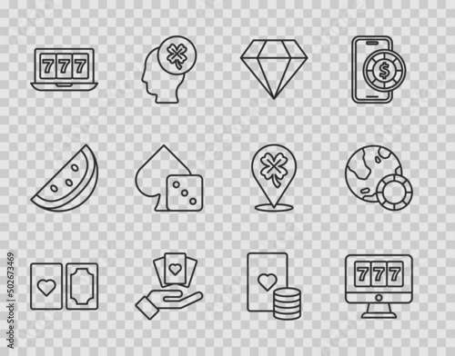 Set line Deck of playing cards, Online slot machine with jackpot, Diamond, Hand holding, Game dice, Casino chip and chips icon. Vector