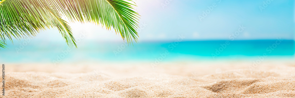 Sunny tropical Caribbean beach with palm trees and turquoise water, caribbean island vacation, hot summer day - obrazy, fototapety, plakaty 