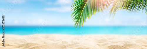 Fototapeta Naklejka Na Ścianę i Meble -  Sunny tropical Caribbean beach with palm trees and turquoise water, caribbean island vacation, hot summer day