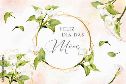 cartão ou banner para o dia das mães em cinza em um círculo com flores brancas de arum em um fundo gradiente de salmão e branco e as mesmas flores brancas ao redor photo