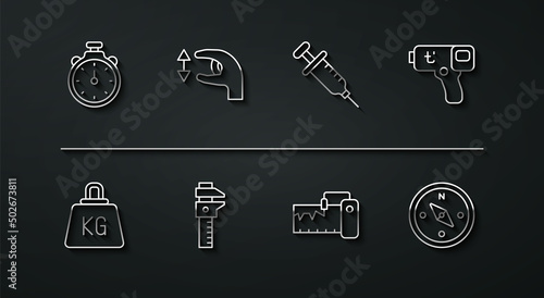 Set line Stopwatch, Weight, Digital thermometer, Measuring instrument, Calliper or caliper and scale, Approximate measurements, Compass and Syringe icon. Vector