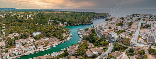 Aerial view of the Porto Colom fishing village in Majorca, Spain. © Aerial Film Studio