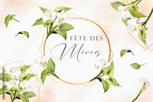 carte ou bandeau pour une la fête des mères en gris dans un rond avec des fleurs d'arum blanches sur un fond en dégradé saumon et blanc et les même fleurs blanches tout autour