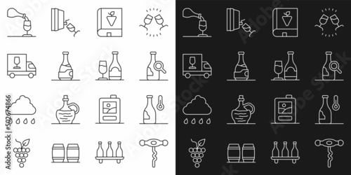 Set line Wine corkscrew, temperature, Bottle of wine, Book about grapes, truck, tasting, degustation and bottle with glass icon. Vector