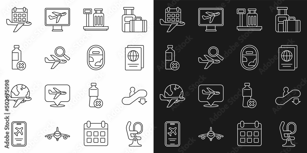 Set line Airplane seat, Escalator down, Passport, Scale with suitcase, search, No water bottle, Calendar and airplane and window icon. Vector Set line Airplane seat, Escalator down, Passport, Scale with suitcase, search, No water bottle, Calendar and airplane and window icon. Vector