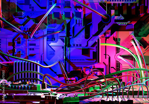 Cyber background. Models of robot elements. Cyber armor with wires. Fragment of a video card in neon light. Motherboard for a computer. Cyber wallpapers are colorful. Motherboard model. 3d rendering.