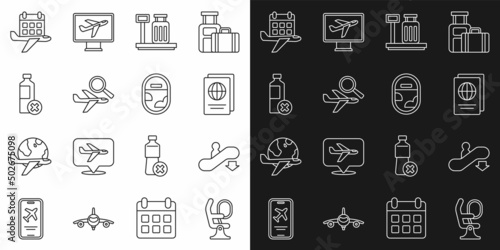 Set line Airplane seat, Escalator down, Passport, Scale with suitcase, search, No water bottle, Calendar and airplane and window icon. Vector
