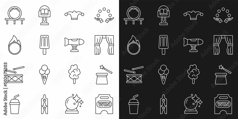 Set line Circus ticket, Magic hat and wand, curtain raises, Jester with bells, Ice cream, fire hoop, Roller coaster and Swing plane icon. Vector Set line Circus ticket, Magic hat and wand, curtain raises, Jester with bells, Ice cream, fire hoop, Roller coaster and Swing plane icon. Vector