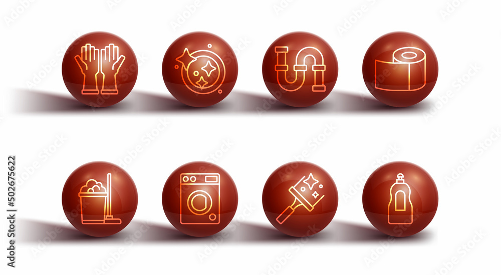 Set line Rubber gloves, Mop and bucket, Toilet paper roll, cleaner for windows, Washer, Washing dishes, Dishwashing liquid bottle and Industry metallic pipe icon. Vector Set line Rubber gloves, Mop and bucket, Toilet paper roll, cleaner for windows, Washer, Washing dishes, Dishwashing liquid bottle and Industry metallic pipe icon. Vector