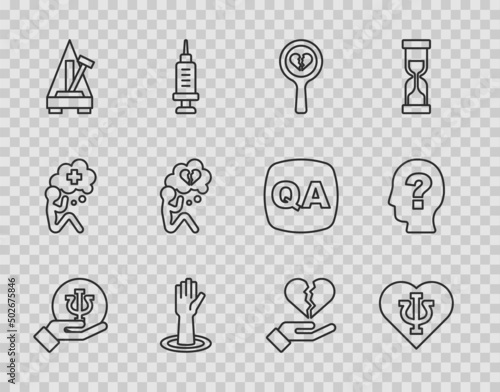 Set line Psychology, Psi, Broken heart or divorce, Helping hand, Metronome with pendulum, and Head question mark icon. Vector