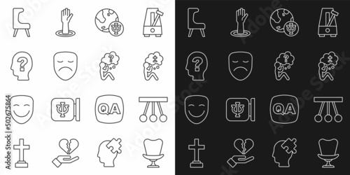 Set line Armchair, Pendulum, Man graves funeral sorrow, Psychology, Psi, Drama theatrical mask, Head with question mark, and icon. Vector