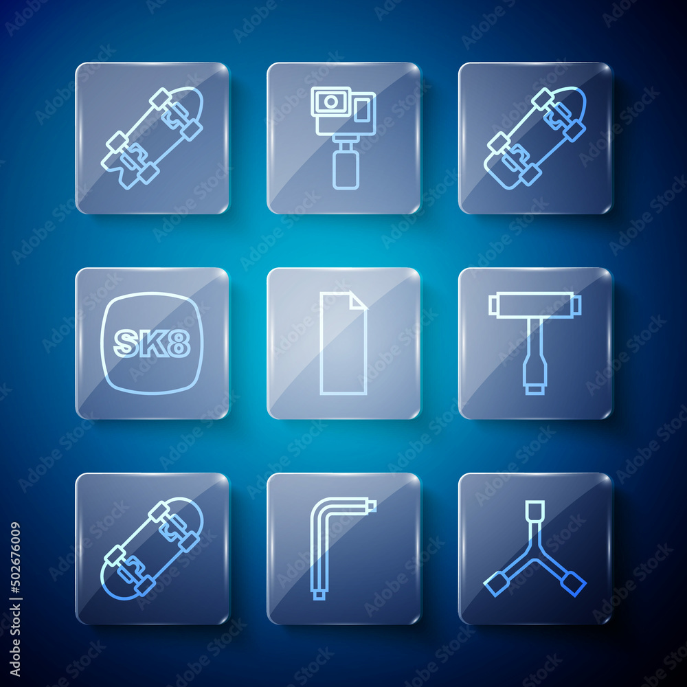 Set line Skateboard, Tool allen keys, Y-tool, Grip tape on skateboard, Longboard or and icon. Vector