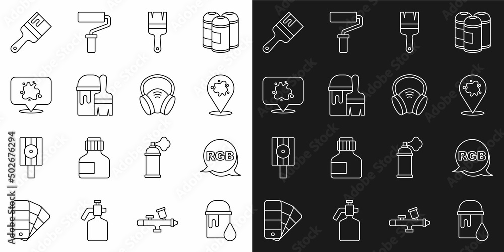 Set line Paint bucket, RGB, spray, brush, with, and Gas mask icon. Vector Set line Paint bucket, RGB, spray, brush, with, and Gas mask icon. Vector