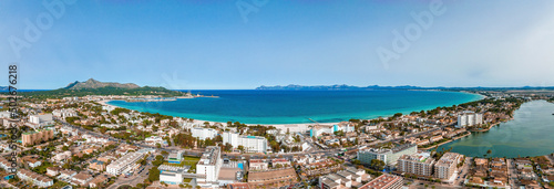 Aerial view of the beach in Palma de Mallorca with the town and harbor below beautiful coastline scenery Spain Mediterranean Sea  Balearic Islands.