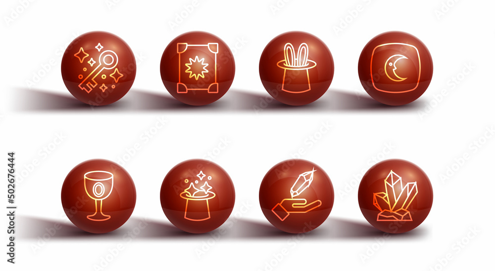 Set line Old magic key, Medieval goblet, Moon and stars, Magic stone, hat, Ancient book, and Magician rabbit ears icon. Vector Set line Old magic key, Medieval goblet, Moon and stars, Magic stone, hat, Ancient book, and Magician rabbit ears icon. Vector