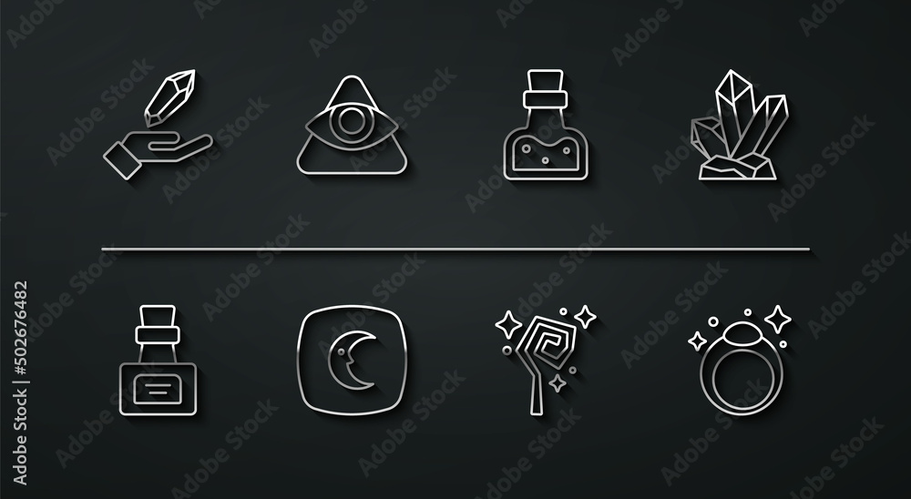 Set line Magic stone, Bottle with potion, staff, Moon and stars, All-seeing eye of God, ring and icon. Vector