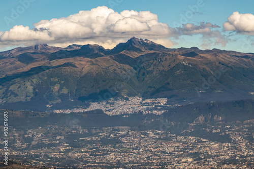 View of the city of Quito and the Rucu Pichincha volcano on a summer morning.