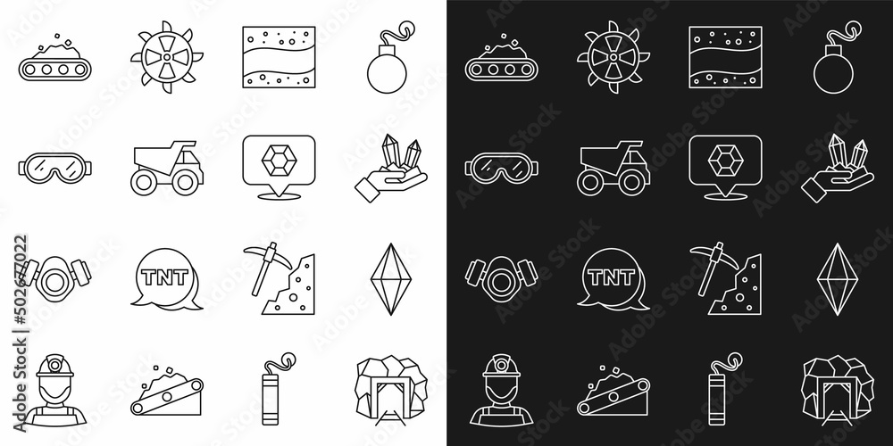 Set line Mine entrance, Gem stone, Gold mine, Mining dump truck, Safety goggle glasses, Conveyor belt carrying coal and icon. Vector