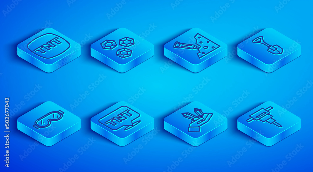 Set line Dynamite, Gem stone, Construction jackhammer, Shovel, Safety goggle glasses and icon. Vector Set line Dynamite, Gem stone, Construction jackhammer, Shovel, Safety goggle glasses and icon. Vector