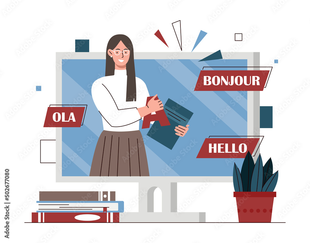 Language education concept. Young girl in glasses with book stands next