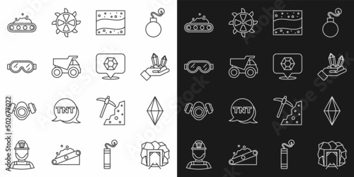 Set line Mine entrance, Gem stone, Gold mine, Mining dump truck, Safety goggle glasses, Conveyor belt carrying coal and icon. Vector