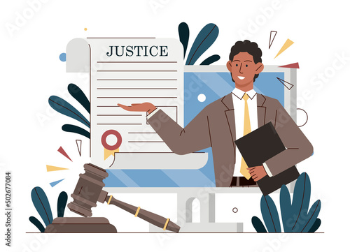 Lawyer online concept. Jurist with gavel checks document. Justice, protection of copyrights. Character monitors compliance with contract, support and consultation. Cartoon flat vector illustration