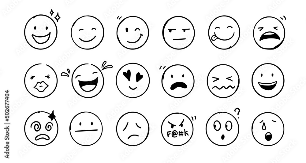 Doodle Emoji face icon set. Hand drawn sketch style. Emoji with different emotion mood, happy, sad, smile face. Comic line art vector illustration. Doodle Emoji face icon set. Hand drawn sketch style. Emoji with different emotion mood, happy, sad, smile face. Comic line art vector illustration.