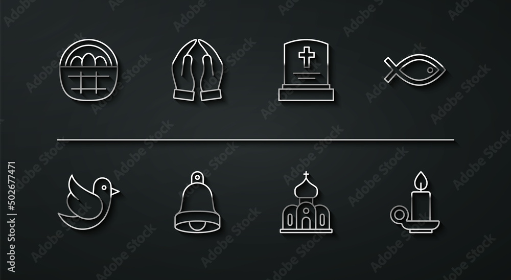 Set line Basket with easter eggs, Dove, Christian fish symbol, Church building, bell, Hands praying position, Burning candle candlestick and Grave tombstone icon. Vector Set line Basket with easter eggs, Dove, Christian fish symbol, Church building, bell, Hands praying position, Burning candle candlestick and Grave tombstone icon. Vector